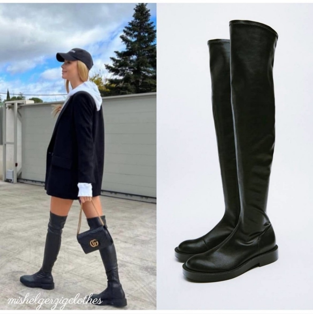 NWT Zara Black over the knee boots flat low hee blackl